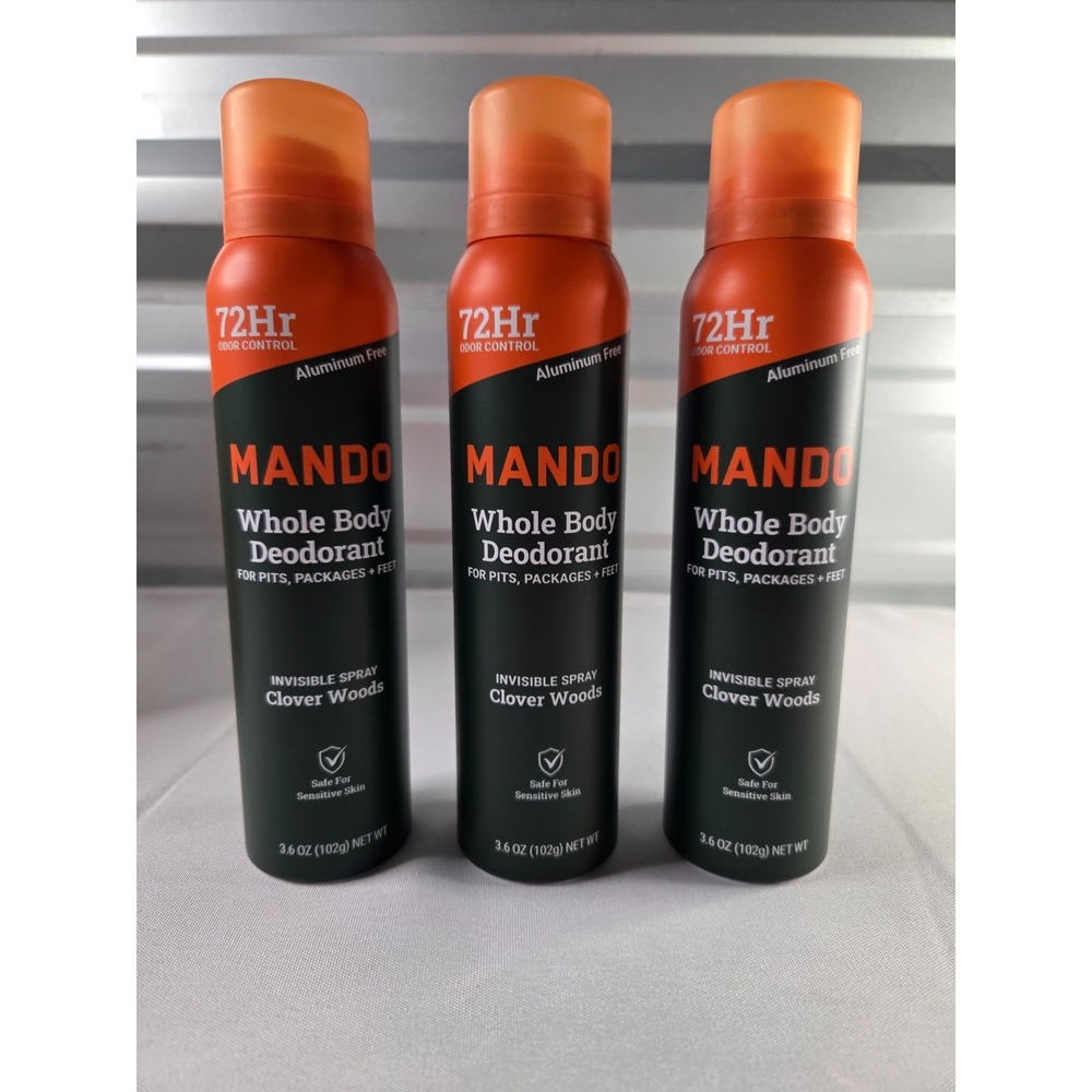 Mando Whole Body Deodorant Spray 3.6oz 72HR Odor Control Clover Woods 3 Pack